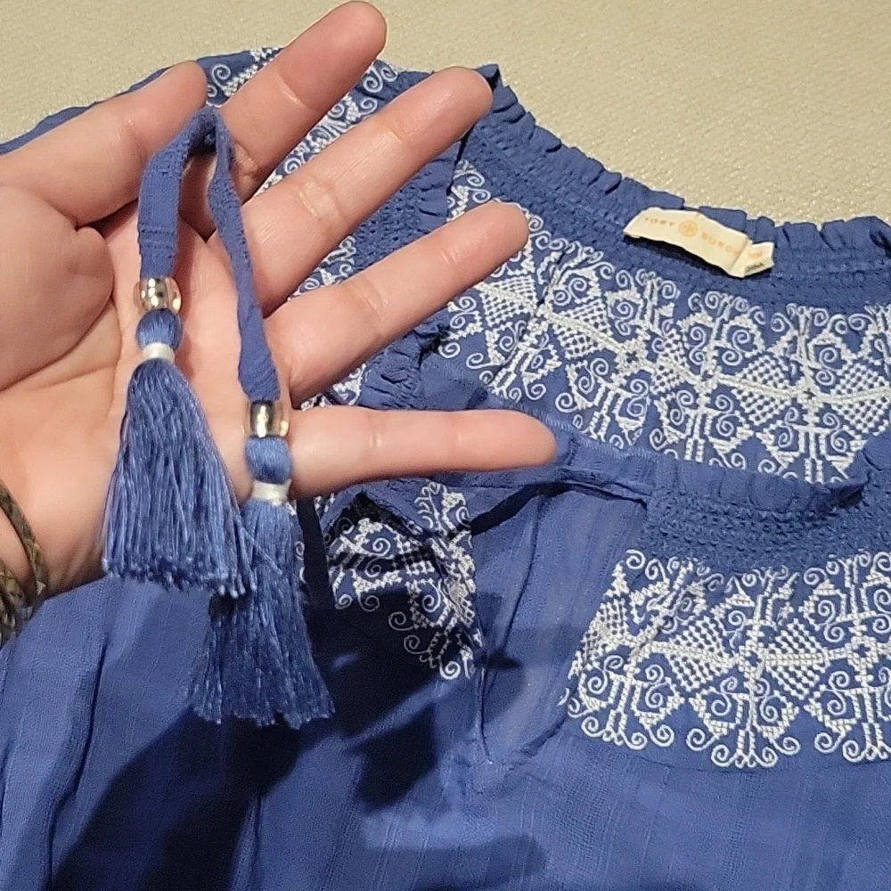 Tory Burch Nina Blouse Embroidery White Blue Peasant Cotton Western Boho Medium